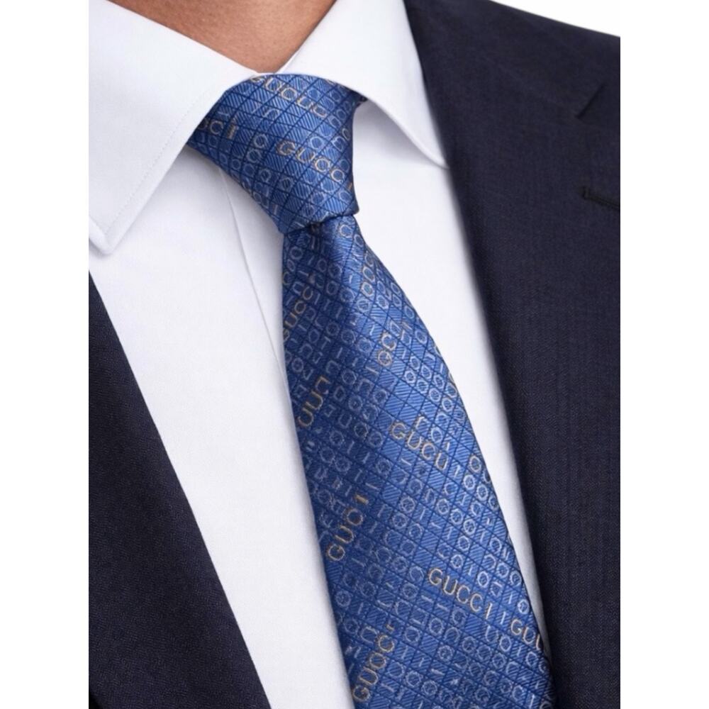 Gucci The Neon Jacquard Monogram 100% Silk Tie Blue Orange